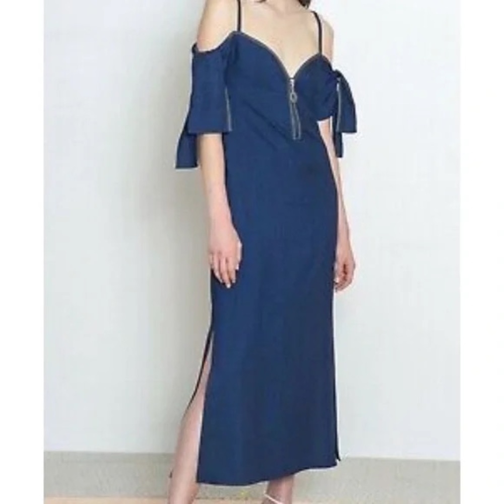 Edun Made in Kenya Off-Shoulder Navy Midi Dress with Front Zip